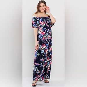 Fei Tong Maxi Dress Womens XL Pull Up Blue Rose Floral Ruffle Off Shoulder